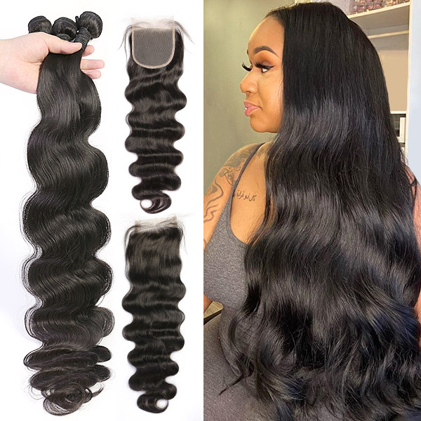 Superior Grade mix 3 bundles with lace closure Indian Body wave Virgin Human hair extensions