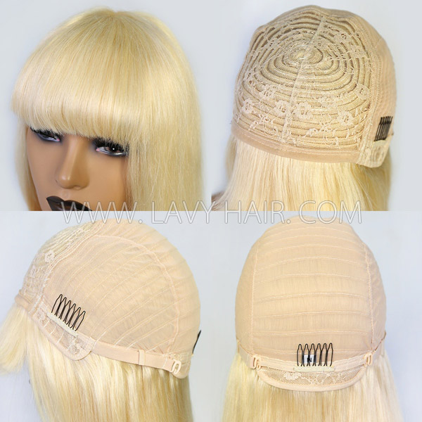 613 Blonde Human Virgin Hair Wig With Bangs 130% & 300% Density Full Machine Made Wig No Lace
