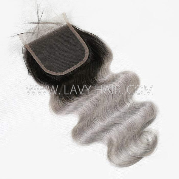 Lace top closure 4*4" body wave #1B/grey Human hair medium brown Swiss lace