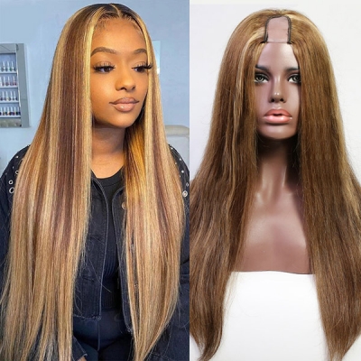 Highlight P4/27 Color 130% & 300% Density U-part Wigs Straight Human Hair
