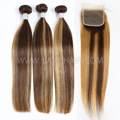 Highlight P4/27 Color Bundles With 4*4 Closure /13*4 Frontal Straight Hair Brazilian Peruvian Malaysian Indian European Cambodian Burmese Mongolian