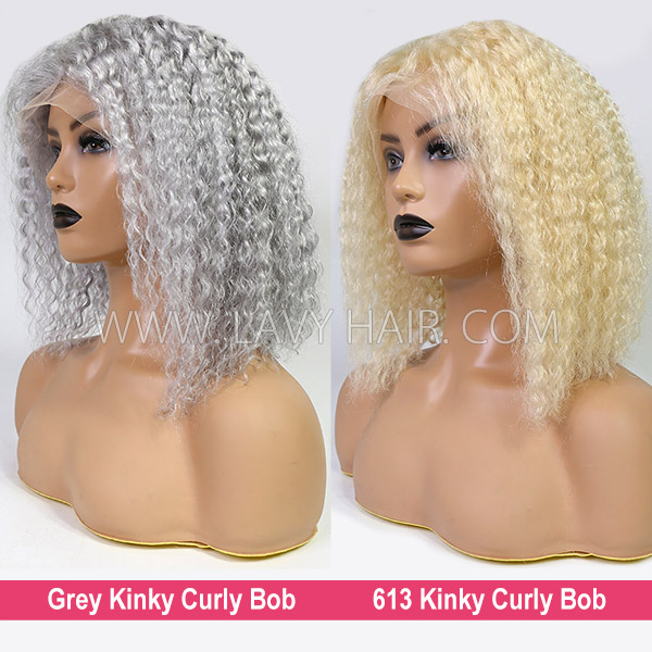 613 Blonde and Grey Color Curly Hair 150% Density Human Virgin Bob Wig 613bob-82