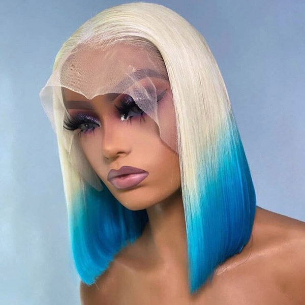 Blonde Blue Ombre Color 150% Density Human Virgin Straight Hair Bob Wig 613bob-81