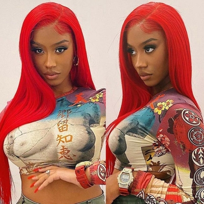 Red Color Preplucked Lace Front Wigs Straight Hair Human Virgin Hair Wig 150% Denity