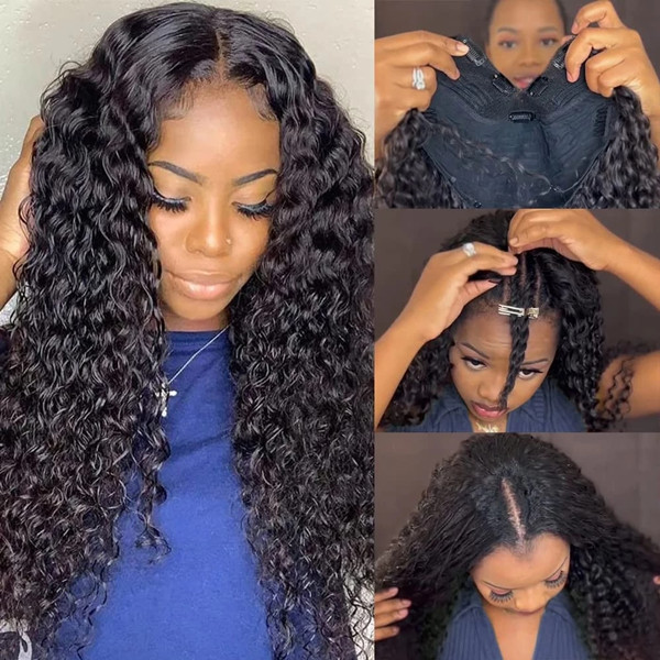(New Update)12-30 inches 150%&200% Density U Part /V Part Wigs Deep Wave 100% Human Hair Half Wig