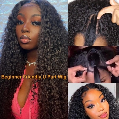 130% & 300% Density U part /V Part Wigs Deep Curly Human Hair （leave message if need left /right side u part）
