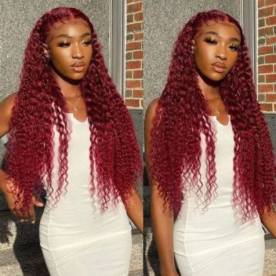 (All Texture Link) Burgundy #99J Color 13*4 Full Frontal Wig 100% Human Virgin Hair Preplucked Pre Bleached Transparent Lace 180% 250% Density Wear Go