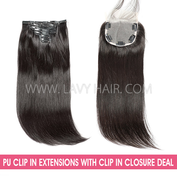 PU Clip in Hair Extension 1 Set With Clip in Lace Closure Deal Human Virgin Hair Seamless Invisible