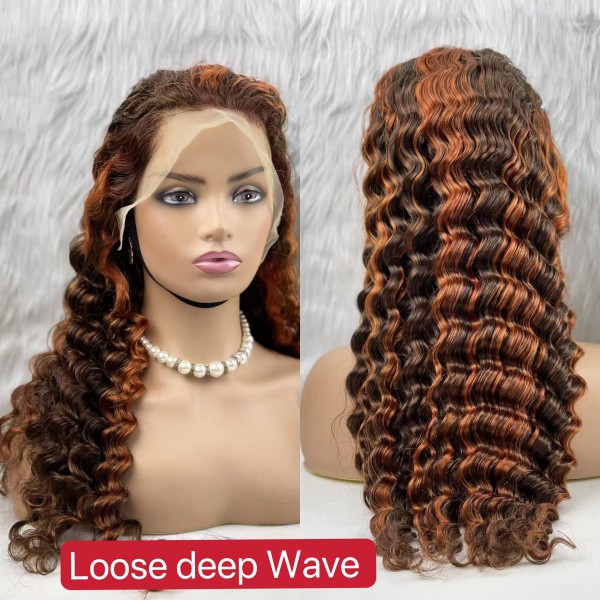 (All Texture Link) P4/350 Highlight Color Straight/Body wave/Water wave/Loose deep wave Human Hair 180% Density Lace Frontal Wigs