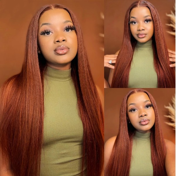 (All Texture Link) Glueless Wear Go #33B Reddish Brown Color 13*4 Full Lace Frontal Wigs Pre Bleached Human Hair 180% Density Transparent Lace