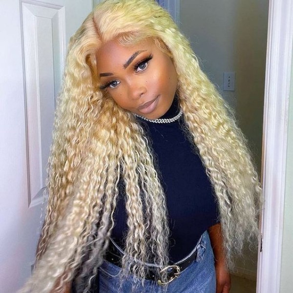 (All Texture Link)150% and 250% Density 13*4 Full Frontal Wig Transparent Lace 613 Blonde Color Deep Wave Human Hair Wear Go