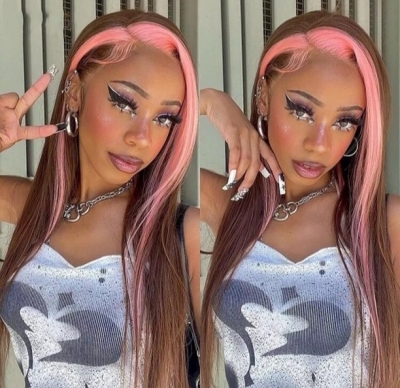 #4 Brown Color with Pink Hair Stripe Preplucked 180% Density Lace Front Wigs Human Virgin Hair Wig