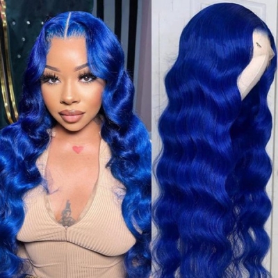 (All Texture Link) 130% Density Blue Color Preplucked Transparent Lace Frontal Wigs Wear Go