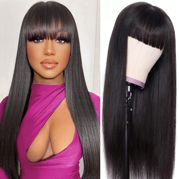 Bangs Fringe Lace Frontal Wig 150% Density Human Virgin Hair