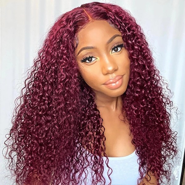 (All Texture Link) Burgundy #99J Color 13*4 Full Frontal Wig 100% Human Virgin Hair Preplucked Pre Bleached Transparent Lace 180% Density Wear Go