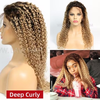 Color T4/27 Lace Frontal Wigs 130% Density Deep Curly Human Hair