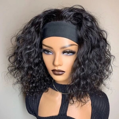 (New)Blunt Cut Bob Wig Scarf Headband Wig 150%&200% Density With Adjustable Velcro 100% Human Virgin Hair Wear Go Glueless Wig One Extra Band