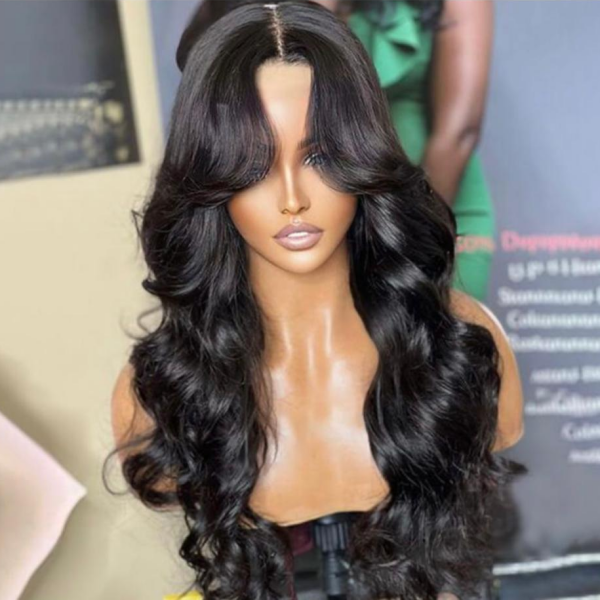 Glueless Wear Go 200% Density Curtain Bangs HD Lace Full Frontal Wigs Body Wave Preplucked Bleached 100% Human Hair Pre Cut Lace