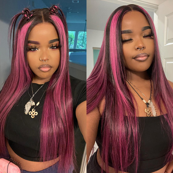 (All Texture Link) P1B/Pink Balayage Highlight Color 180% Density Lace Frontal Wigs 100% Human Hair Preplucked Glueless Wear Go
