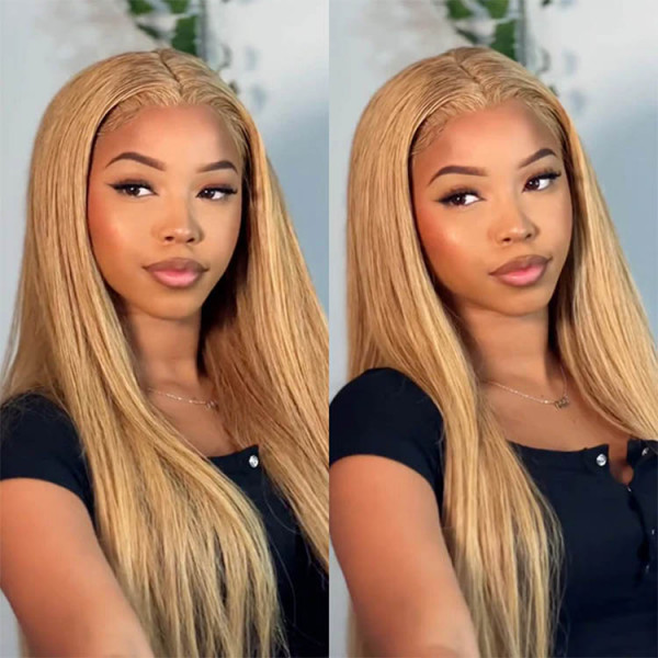 (All Texture Link) Color 27 Honey Blonde 13*4 Full Lace Frontal Wigs 150% and 250% Density Preplucked Pre Bleached Tiny Knot Human hair Wear Go