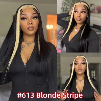 (All Texture Link)Glueless Wear Go Skunk Stripe Color 5*5 HD Lace Closure Wig 150% Density Human Virgin Hair