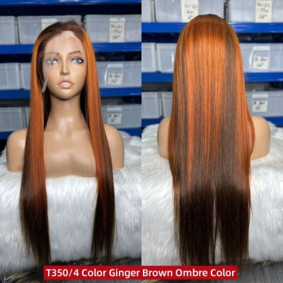 (All Texture Link) T350/4 Ginger Brown Ombre Color 100% Human Hair 130% Density Lace Frontal Wigs