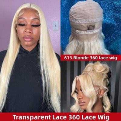 (All Texture Link) 130% and 180% Density 613 Blonde Color 360 Lace Frontal Wigs Ponytail Wig Transparent Lace Human Hair