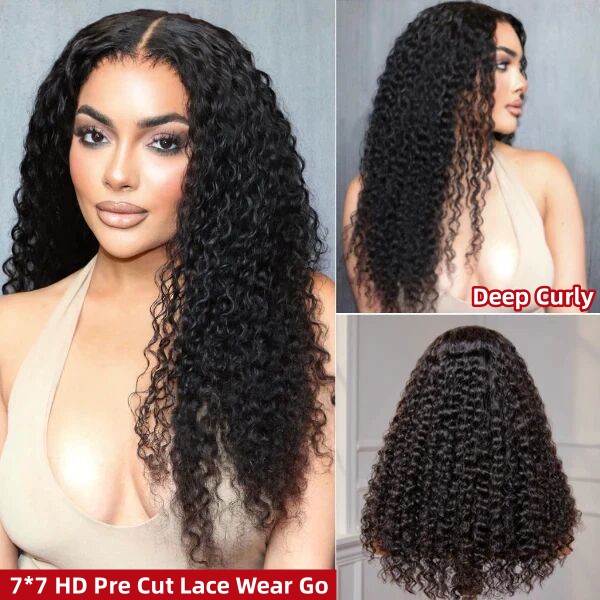 (All Texture Link) Glueless Wear Go Pre Bleached HD Lace 7*7 Lace Closure Wig Perfect Blend Hairline 150% & 200% Density 100% Human Hair