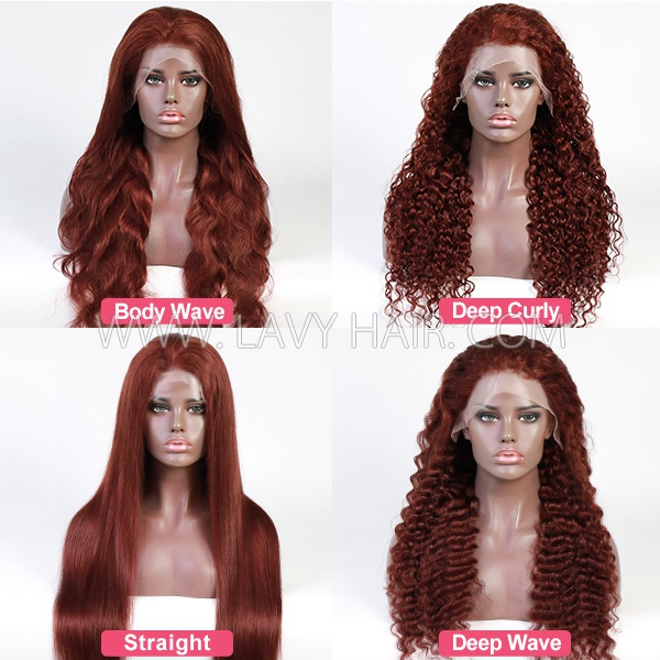 (All Texture Link) Glueless Wear Go #33B Reddish Brown Color 13*4 Full Lace Frontal Wigs Pre Bleached Human Hair 180% Density Transparent Lace