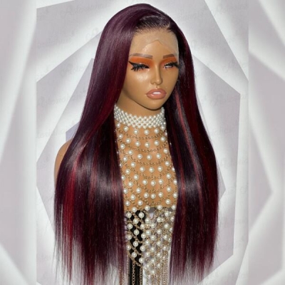 Glueless Wig Mix 1B 99J Highlight Color 150% Density Wear Go 5*5 HD Lace Closure Wig Human Virgin Hair 5-7 Days Customize