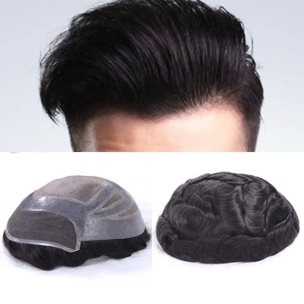 (New)  Mens Toupee Fine Mono with Poly Skin PU Hair Replacement Hair System Natural Hairline 120% Density Swiss Lace