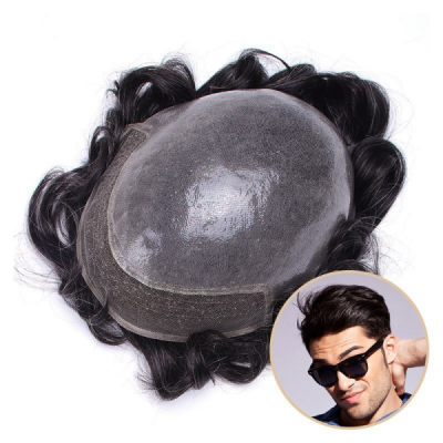 (New)  BIO Mens Toupee PU Poly With Front Lace Remy Human Hair Replacement For Hair Loss