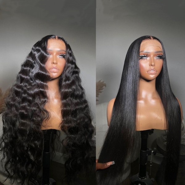 (All Texture Link Double Drawn) 2*6 6*6 7*7 HD Lace Middle Part Closure Wig glueless Wear Go  200% Density 100% Human Hair Preplucked Prebleached