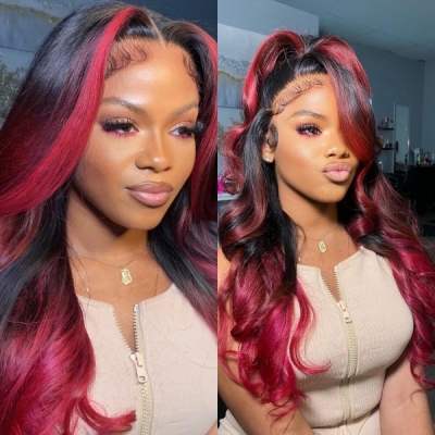 Glueless Wig Red Black Highlight Color 150% Density Wear Go Wig 3-4 Days Customize 100% Human Hair