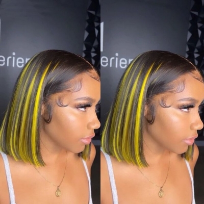 Glueless Wig P1B/Yellow Highlight Color 150% Density HD Lace Bob Wigs Human Hair Wig 7 Days Customize