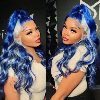 Glueless Wig Blue Color Blonde Highlight Wear Go 150% Density Full Frontal Wig Human Hair Customize Wig 5-7 Days