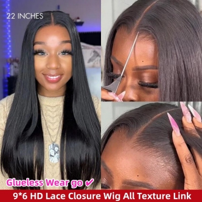 (All Texture Link) Glueless Wear Go Pre Plucked Hairline HD Lace 9*6 Lace Closure Wig 100% Human Hair 150% and 200% Density