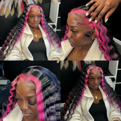 Glueless Wig Pink Highlight Color Strunk Stripe 150% Density Preplucked Human Hair HD Lace Wig 5-7 Days Customize