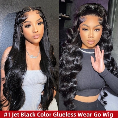 （#1 Jet Black Color 3 Bundles Thickness) Glueless Wear go Human Virgin Hair Preplucked Single Knot Natural Lace Wig Customize 5-15 Days