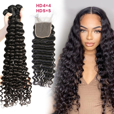Superior Grade 3/4 bundles with 4*4 5*5 lace closure Deal Deep wave Transparent /HD Lace Virgin Human hair Brazilian Peruvian Malaysian Indian