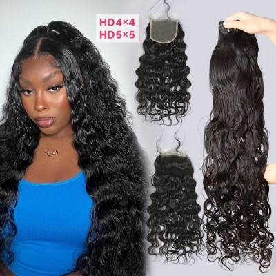 Superior Grade 3 bundles with 4*4 5*5 lace closure Natural Wave Transparent /HD Lace Virgin hair Brazilian Peruvian Malaysian Indian