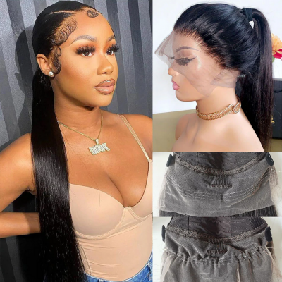 Upgraded Invisi-Strap Pre Bleached Pre Plucked HD Lace 360 Lace Frontal Wigs 180% Density Ponytail Wig #1B Natural Color Human Hair
