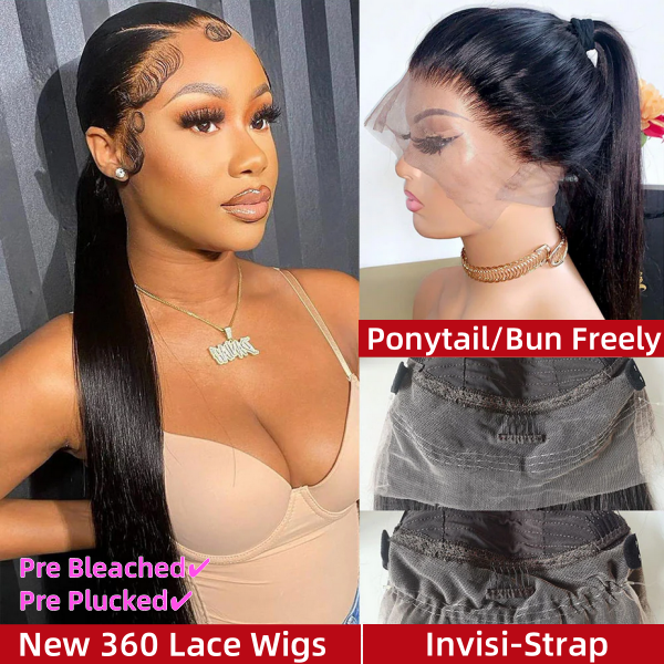 Upgraded Invisi-Strap Pre Bleached Pre Plucked HD Lace 360 Lace Frontal Wigs 180% Density Ponytail Wig #1B Natural Color Human Hair