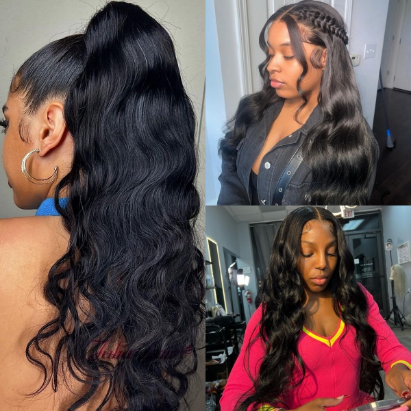 Upgraded Invisi-Strap Pre Bleached Pre Plucked HD Lace 360 Lace Frontal Wigs 180% Density Ponytail Wig #1B Natural Color Human Hair