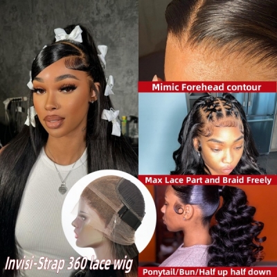 Upgraded Invisi-Strap Pre Bleached Pre Plucked HD Lace 360 Lace Frontal Wigs 180% Density Ponytail Wig #1B Natural Color Human Hair