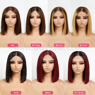 (All Texture Link)220% Density 5*5 Transparent Lace Closure Bob Wig Raw Hair #1B #99J #4 #P4/27 Thickness Blunt Cut Bone Straight Glueless wig