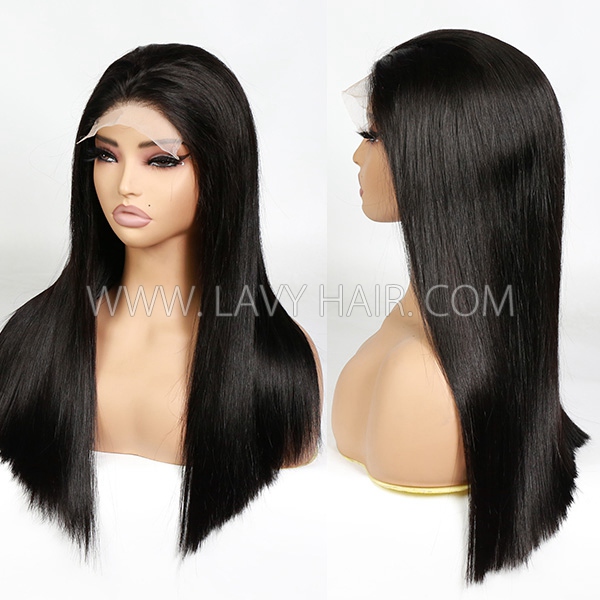 Double Drawn Thick Hair Top to End Glueless 200% Density 5*5 Transparent Lace Closure Wigs Bone Straight Wear Go 100% Human Hair #1B Natural Color