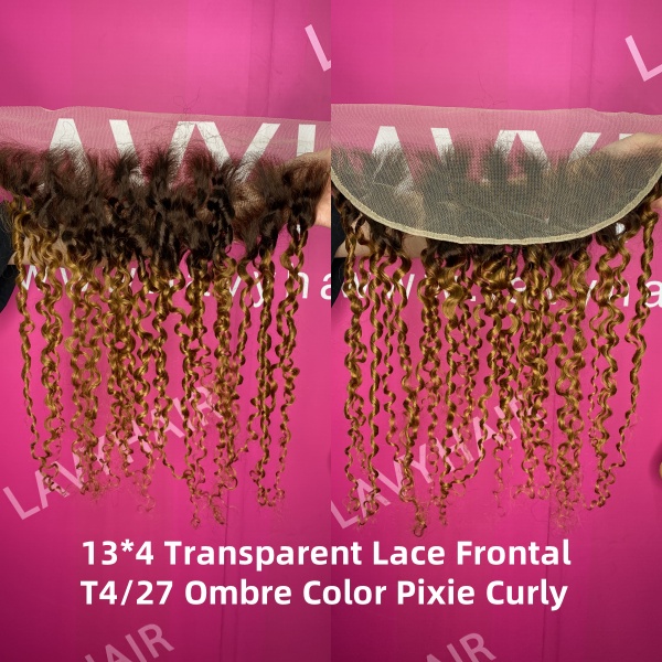 Superior Grade #1B Color Pixie Curly Transparent Lace Ear to ear 13*4 Lace Frontal Human hair Swiss lace