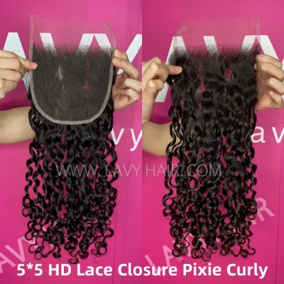 Superior Grade #1B Color Pixie Curly 5*5 Lace Closure and Ear to ear 13*4 Lace Frontal Human hair Swiss lace