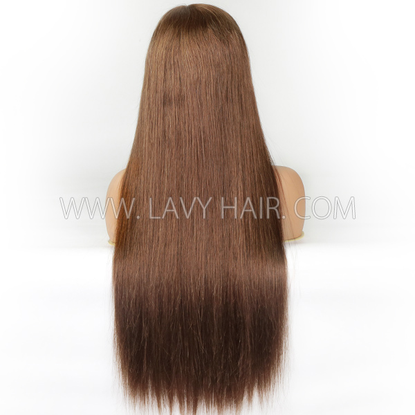 Double Drawn Thick Hair Top to End 250% Density Bone Straight With Cute Bangs 1.5*3 inch Transparent Lace Wigs 100% Human Hair